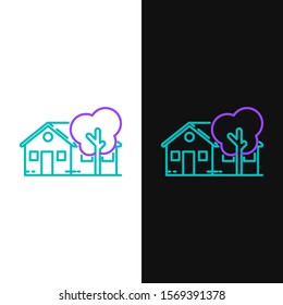 Green and purple line Eco friendly house icon isolated on white and black background. Eco house with tree.  Vector Illustration