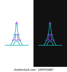 Green and purple line Eiffel tower icon isolated on white and black background. France Paris landmark symbol.  Vector Illustration