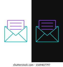Green and purple line Envelope with invitation card icon isolated on white and black background.  Vector Illustration