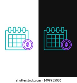 Green and purple line Financial calendar icon isolated on white and black background. Annual payment day, monthly budget planning, fixed period concept, loan duration.  Vector Illustration
