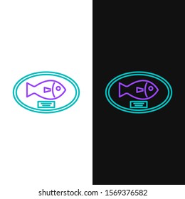 Green and purple line Fish trophy hanging on the board icon isolated on white and black background. Fishing trophy on wall.  Vector Illustration