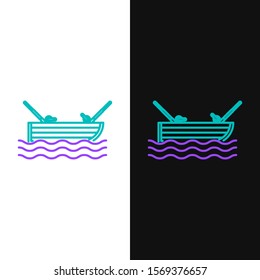 Green and purple line Fishing boat with fishing rod on water icon isolated on white and black background.  Vector Illustration