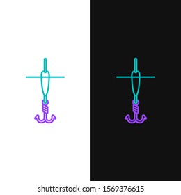 Green and purple line Fishing hook and float icon isolated on white and black background. Fishing tackle.  Vector Illustration