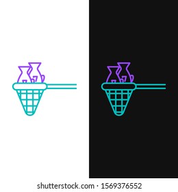 Green and purple line Fishing net with fish icon isolated on white and black background.  Vector Illustration