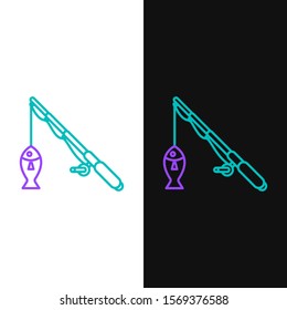 Green and purple line Fishing rod and fish icon isolated on white and black background. Fishing equipment and fish farming topics.  Vector Illustration