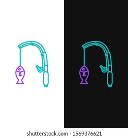 Green and purple line Fishing rod and fish icon isolated on white and black background. Fishing equipment and fish farming topics.  Vector Illustration