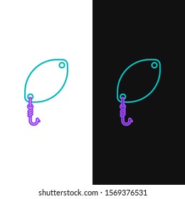 Green and purple line Fishing spoon icon isolated on white and black background. Fishing baits in shape of fish. Fishing tackle.  Vector Illustration