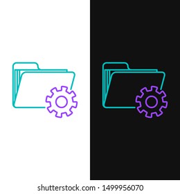 Green and purple line Folder settings with gears icon isolated on white and black background. Software update, transfer protocol, teamwork tool management.  Vector Illustration