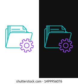 Green and purple line Folder settings with gears icon isolated on white and black background. Software update, transfer protocol, teamwork tool management.  Vector Illustration