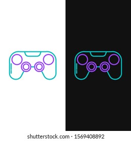 Green and purple line Gamepad icon isolated on white and black background. Game controller.  Vector Illustration