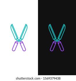 Green and purple line Gardening handmade scissors for trimming icon isolated on white and black background. Pruning shears with wooden handles.  Vector Illustration