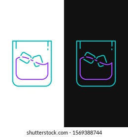 Green and purple line Glass of whiskey and ice cubes icon isolated on white and black background.  Vector Illustration