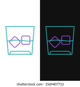 Green and purple line Glass of whiskey and ice cubes icon isolated on white and black background.  Vector Illustration