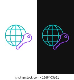 Green and purple line Globe key icon isolated on white and black background.  Vector Illustration