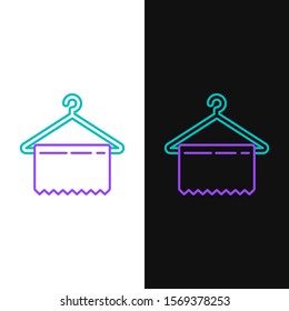 Green and purple line Hanger wardrobe icon isolated on white and black background. Clean towel sign. Cloakroom icon. Clothes service symbol. Laundry hanger sign.  Vector Illustration