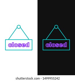 Green and purple line Hanging sign with text Closed icon isolated on white and black background. Business theme for cafe or restaurant.  Vector Illustration