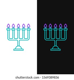 Green and purple line Hanukkah menorah icon isolated on white and black background. Hanukkah traditional symbol. Holiday religion, jewish festival of Lights.  Vector Illustration