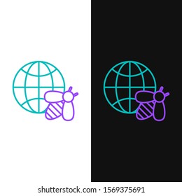Green and purple line Honeycomb map of the world and bee icon isolated on white and black background. World bee day. Concept ecological event.  Vector Illustration