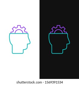 Green and purple line Human with gear inside icon isolated on white and black background. Artificial intelligence. Thinking brain sign. Symbol work of brain.  Vector Illustration