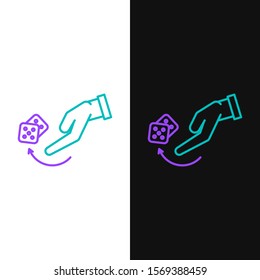 Green and purple line Human hand throwing game dice icon isolated on white and black background.  Vector Illustration