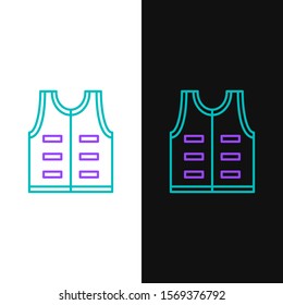 Green and purple line Hunting jacket icon isolated on white and black background. Hunting vest.  Vector Illustration