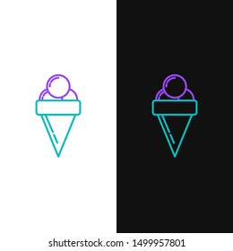 Green and purple line Ice cream in waffle cone icon isolated on white and black background. Sweet symbol.  Vector Illustration