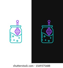 Green and purple line Jar of honey and honey dipper stick icon isolated on white and black background. Food bank. Sweet natural food symbol. Honey ladle.  Vector Illustration