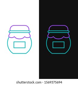 Green and purple line Jar of honey icon isolated on white and black background. Food bank. Sweet natural food symbol.  Vector Illustration