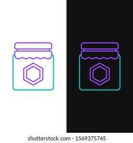 Green and purple line Jar of honey icon isolated on white and black background. Food bank. Sweet natural food symbol.  Vector Illustration