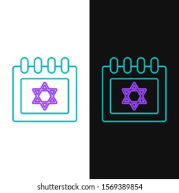 Green and purple line Jewish calendar with star of david icon isolated on white and black background. Hanukkah calendar day.  Vector Illustration