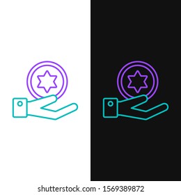 Green and purple line Jewish coin on hand icon isolated on white and black background. Currency symbol.  Vector Illustration
