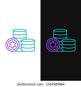 Green and purple line Jewish coin icon isolated on white and black background. Currency symbol.  Vector Illustration