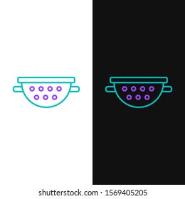 Green and purple line Kitchen colander icon isolated on white and black background. Cooking utensil. Cutlery sign.  Vector Illustration