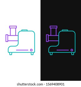 Green and purple line Kitchen meat grinder icon isolated on white and black background.  Vector Illustration
