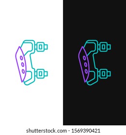 Green and purple line Knee pads icon isolated on white and black background. Extreme sport. Sport equipment. Skateboarding, bicycle, roller skating protective gear.  Vector Illustration