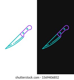 Green and purple line Knife icon isolated on white and black background. Cutlery symbol.  Vector Illustration