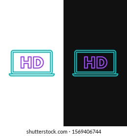 Green and purple line Laptop screen with HD video technology icon isolated on white and black background.  Vector Illustration