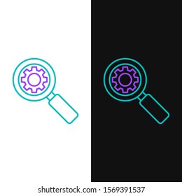 Green and purple line Magnifying glass and gear icon isolated on white and black background. Search gear tool. Business analysis symbol.  Vector Illustration
