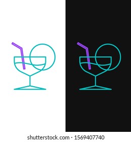 Green and purple line Martini glass icon isolated on white and black background. Cocktail icon. Wine glass icon.  Vector Illustration
