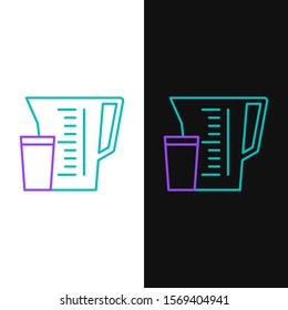 Green and purple line Measuring cup to measure dry and liquid food icon isolated on white and black background. Plastic graduated beaker with handle.  Vector Illustration