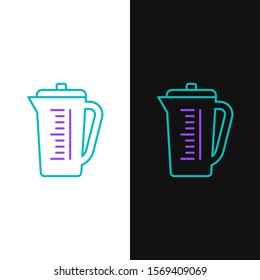 Green and purple line Measuring cup to measure dry and liquid food icon isolated on white and black background. Plastic graduated beaker with handle.  Vector Illustration