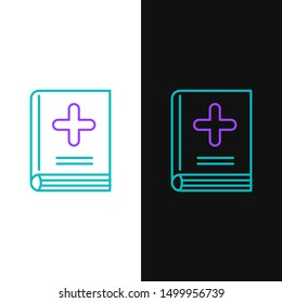 Green and purple line Medical book icon isolated on white and black background.  Vector Illustration