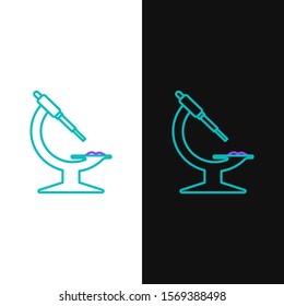 Green and purple line Microscope icon isolated on white and black background. Chemistry, pharmaceutical instrument, microbiology magnifying tool.  Vector Illustration