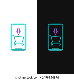 Green and purple line Mobile phone and shopping cart icon isolated on white and black background. Online buying symbol. Supermarket basket symbol.  Vector Illustration
