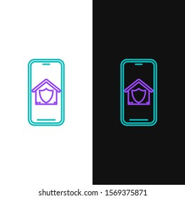 Green and purple line Mobile phone with house under protection icon isolated on white and black background. Protection, safety, security, protect, defense concept.  Vector Illustration