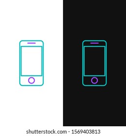 Green and purple line Mobile smart phone with app delivery tracking icon isolated on white and black background. Parcel tracking.  Vector Illustration