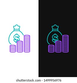 Green and purple line Money bag and coin icon isolated on white and black background. Dollar or USD symbol. Cash Banking currency sign.   Vector Illustration