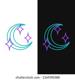 Green and purple line Moon and stars icon isolated on white and black background.  Vector Illustration