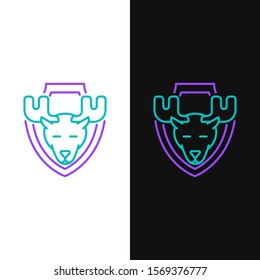 Green and purple line Moose head on shield icon isolated on white and black background. Hunting trophy on wall.  Vector Illustration