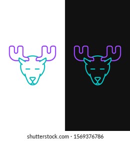 Green and purple line Moose head with horns icon isolated on white and black background.  Vector Illustration
